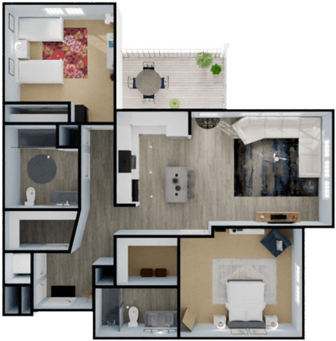 Floor plan for 2 beds, 2 baths, 1131 sqft